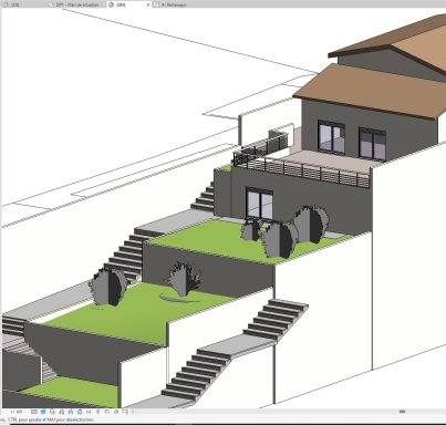 Modèle 3D d'une maison avec jardin et escaliers dans un environnement minimaliste.