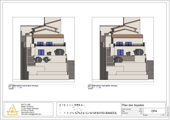 Plans architecturaux en élévation d'une maison avec jardin et fenêtres bleues.