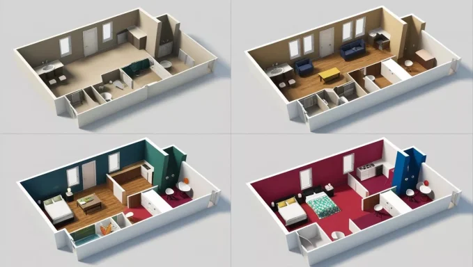 Quatre plans d'étage montrant différentes chambres et arrangements de meubles.