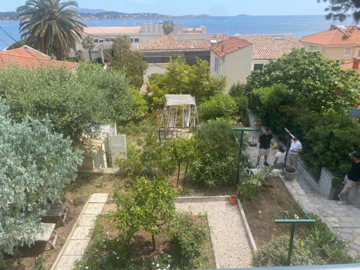 Vue d'un jardin avec des arbres, des plantes et des maisons, près de la mer.