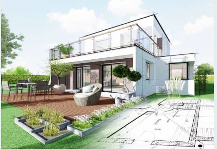 Maison moderne avec terrasse, jardin, et plan architectural en bas à gauche.