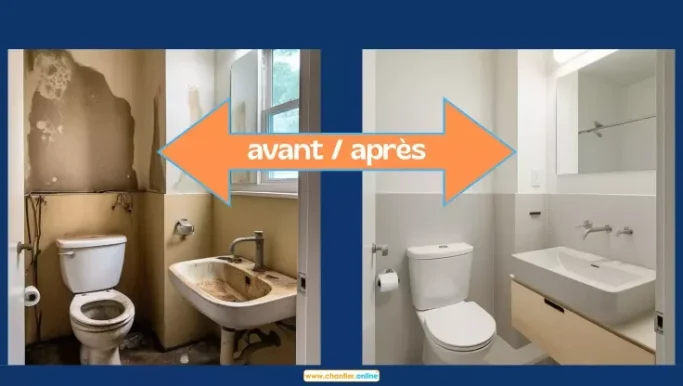 Transformation d'une salle de bain : avant à gauche, rénovée à droite.