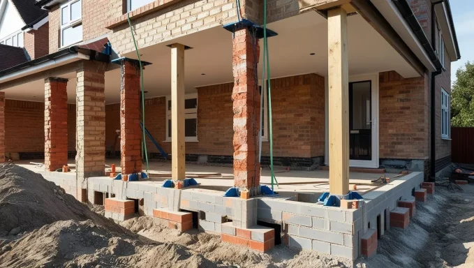 Terrasse en construction avec colonnes en briques et supports en bois.
