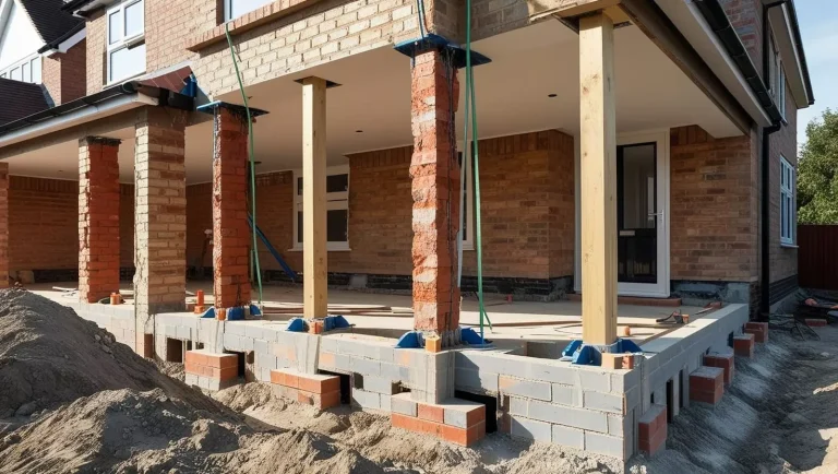 Travaux de construction avec piliers en brique et soutien en bois. Sol en béton.