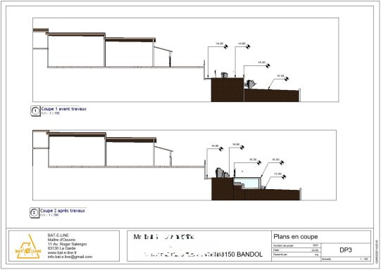 Plan architectural montrant des sections de bâtiments avec terrasse et piscine.